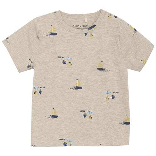 Minymo T-shirt beige sejlskibe og fisk, str. 86