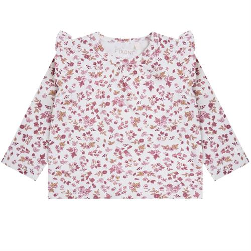 Fixoni bluse råhvid med mørkrosa blomster - GOTS, str. 74, 80, 86, 92