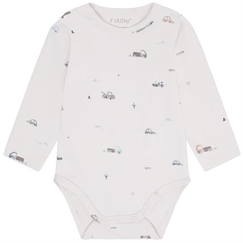 Fixoni body råhvid med biler - GOTS, str. 44, 50, 56, 62, 68