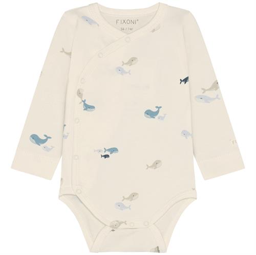 Fixoni slå om-body råhvid med hvaler - GOTS, str. 44, 50, 56