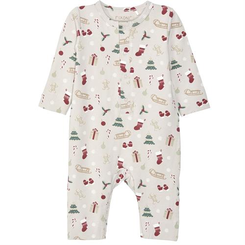Fixoni heldragt beige med juleprint - GOTS, str. 56, 62, 68, 74, 80
