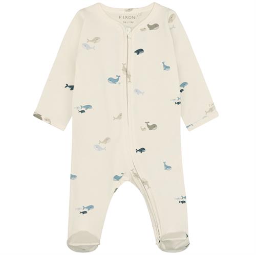 Fixoni heldragt med fødder råhvid med hvaler - GOTS, str. 44, 50