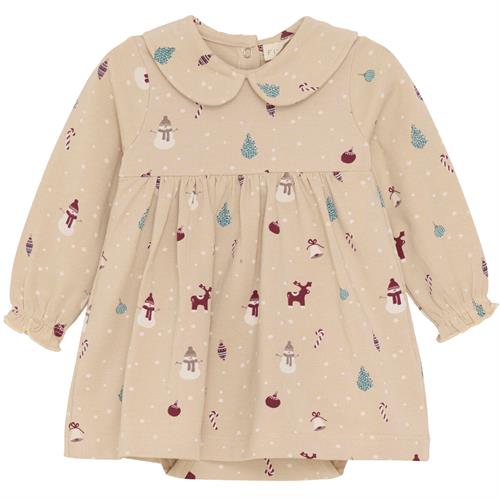 Fixoni kjole med body beige med juleprint - GOTS, str. 50, 56