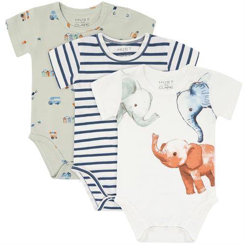 Hust & Claire body kort stribet blå, grøn eller elefanter - 1 stk, str. 56, 62, 68, 74, 80, 86, 92