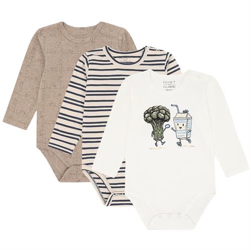 Hust & Claire body brun, stribet marine, hvid med broccoli - 1 stk, str. 86, 92