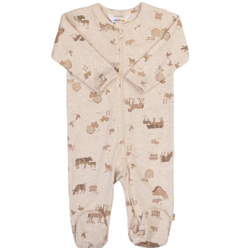 JOHA heldragt med fødder lysbeige med bondegård - økologisk, str. 40, 50, 60