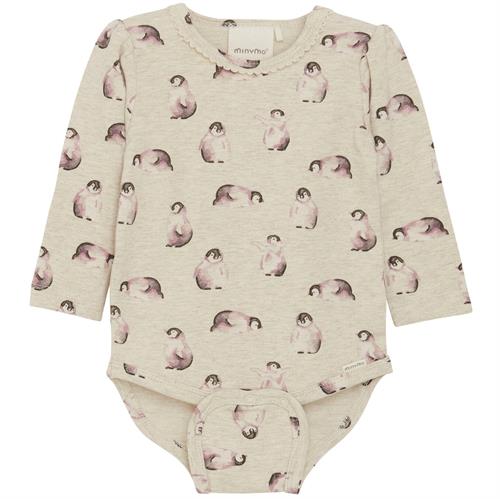 Minymo body sweat bambus beige med rosa pingviner, str. 74