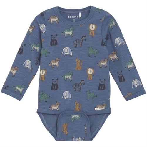 Minymo body blå meleret med vilde dyr - GOTS, str. 62, 68, 74, 80, 86, 92