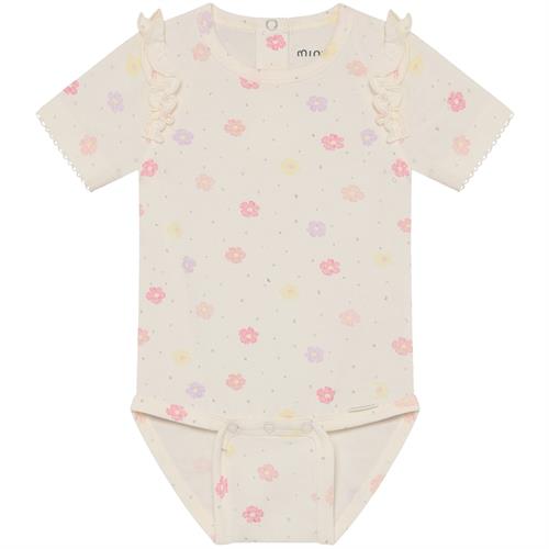 Minymo body kort råhvid med blomster - økologisk str. 74