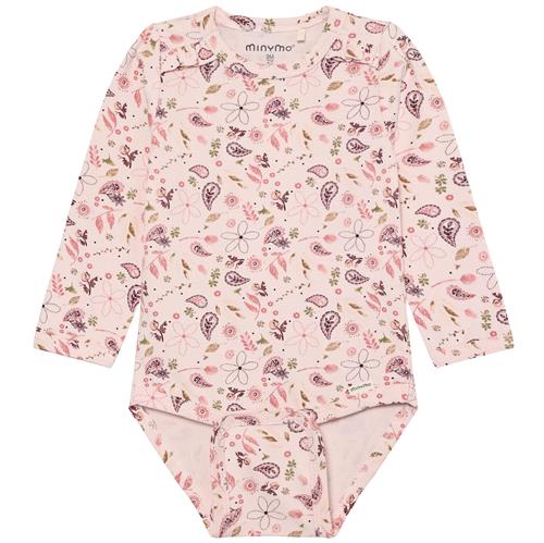 Minymo body lyserød blomster og blade - GOTS, str. 74, 80, 86, 92