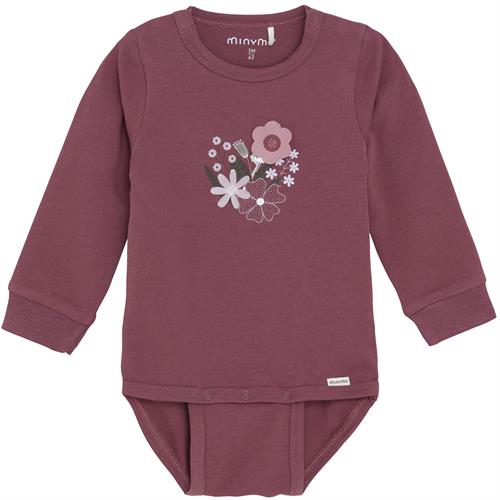 Minymo body rødbrun med blomster - GOTS, str. 74, 80, 86, 92