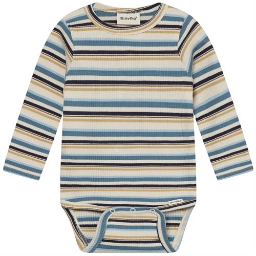 Minymo body rib stribet råhvid og blå - GOTS, str. 86