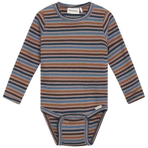 Minymo body rib stribet blå og brun - GOTS, str. 68