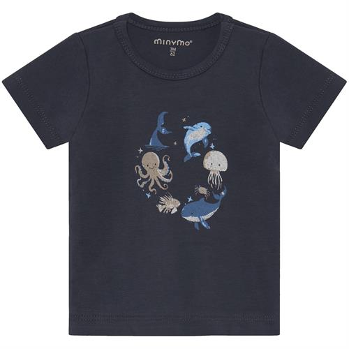 Minymo T-shirt mørkeblå med havdyr - GOTS, str. 86