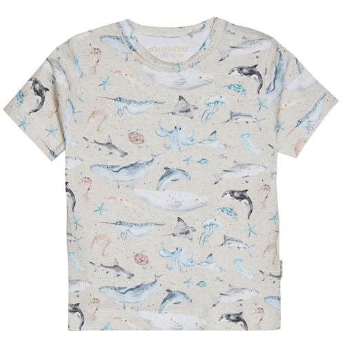 Minymo T-shirt sand med blå havdyr - GOTS, str. 80, 86, 92